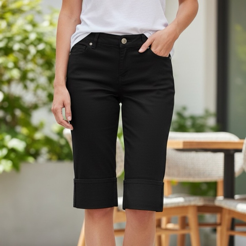 Y2K Caslon Rolled Up Cuff Stretchy Cuffed Denim Cropped Capri Pants Black Casual